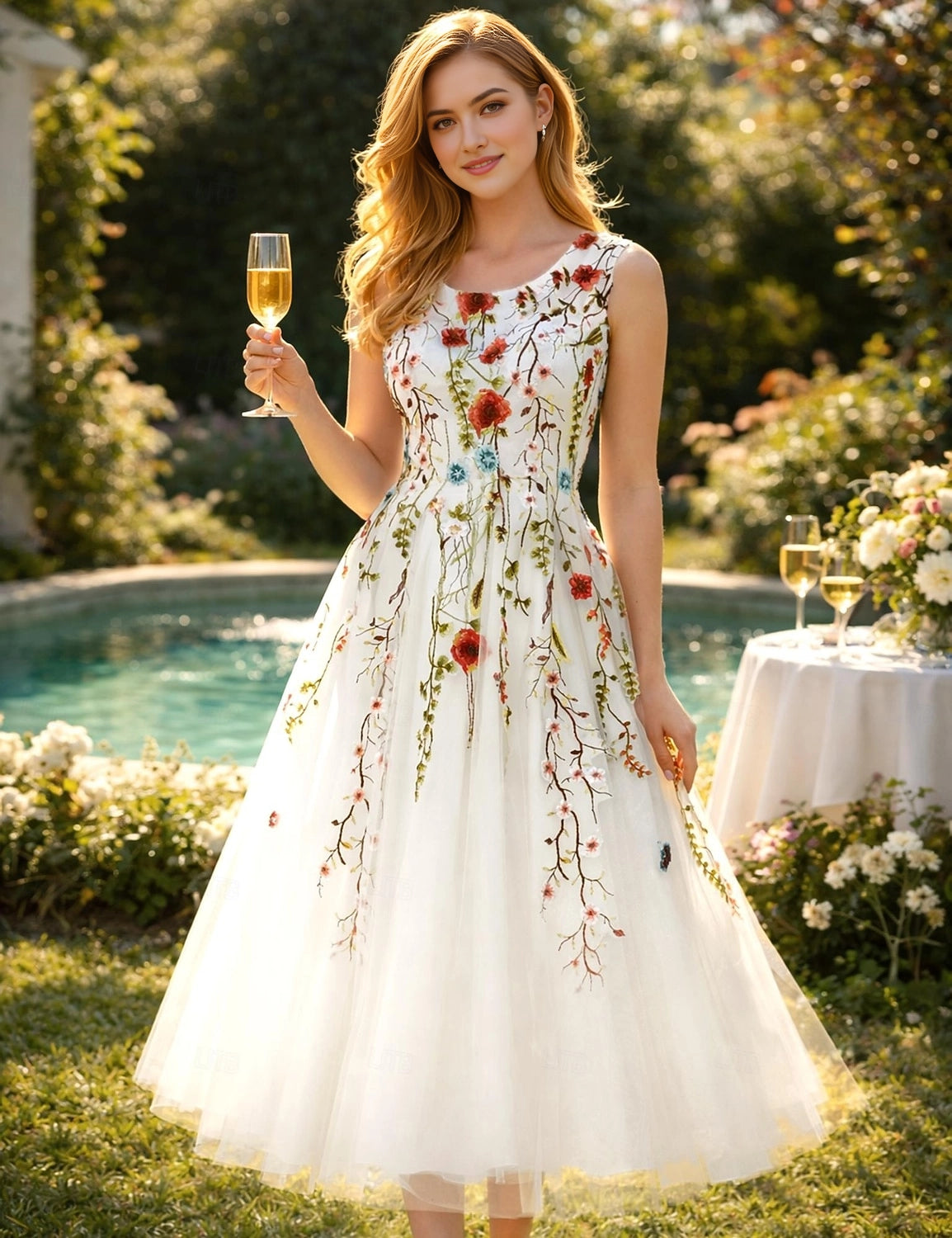 Elegant A Line Round Neck Sleeveless Zip Back Midi Prom Dress