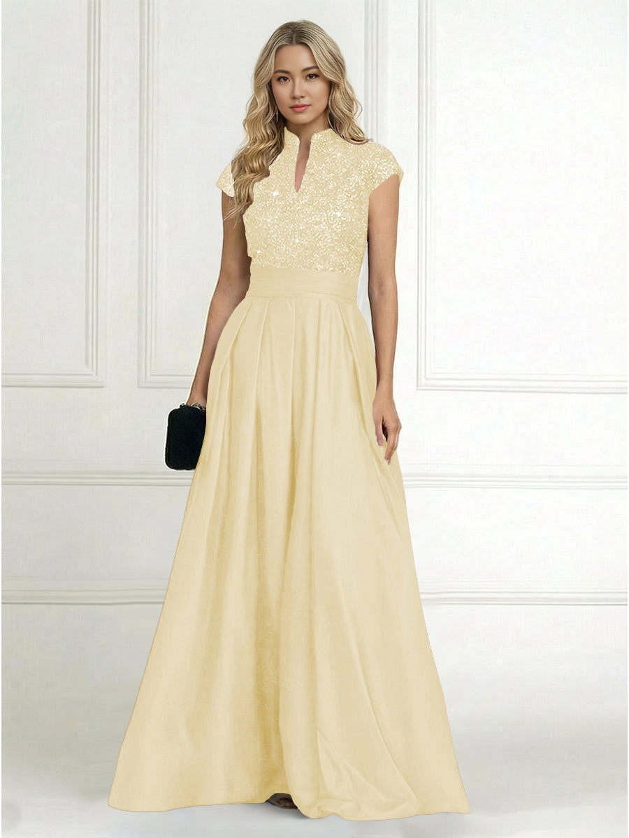 Luxury A-Line High-Neck Cap-Sleeve Zip-Back Floor-Length Plus Size Mother of the Bride Dress