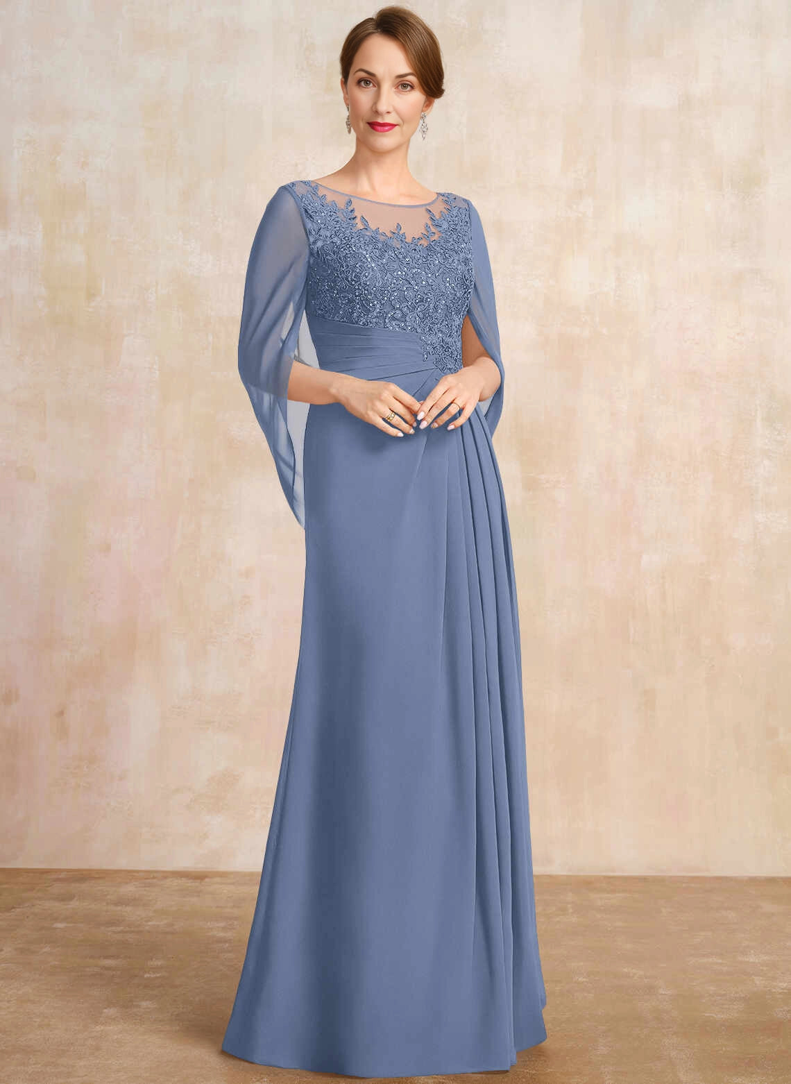 Elegant A‑Line Illusion Neck Cape Sleeve Floor‑Length Mother Of The Bride Dress