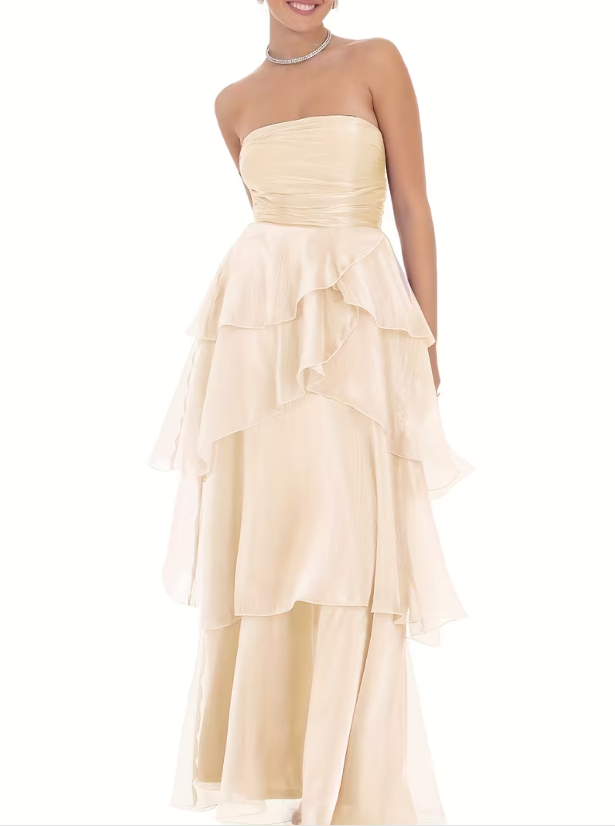 Women's Party Outfit Elegant Strapless Long Sleeve A-Line Tiered Bridesmaid Dress Formal Evening Gown Wedding Dress