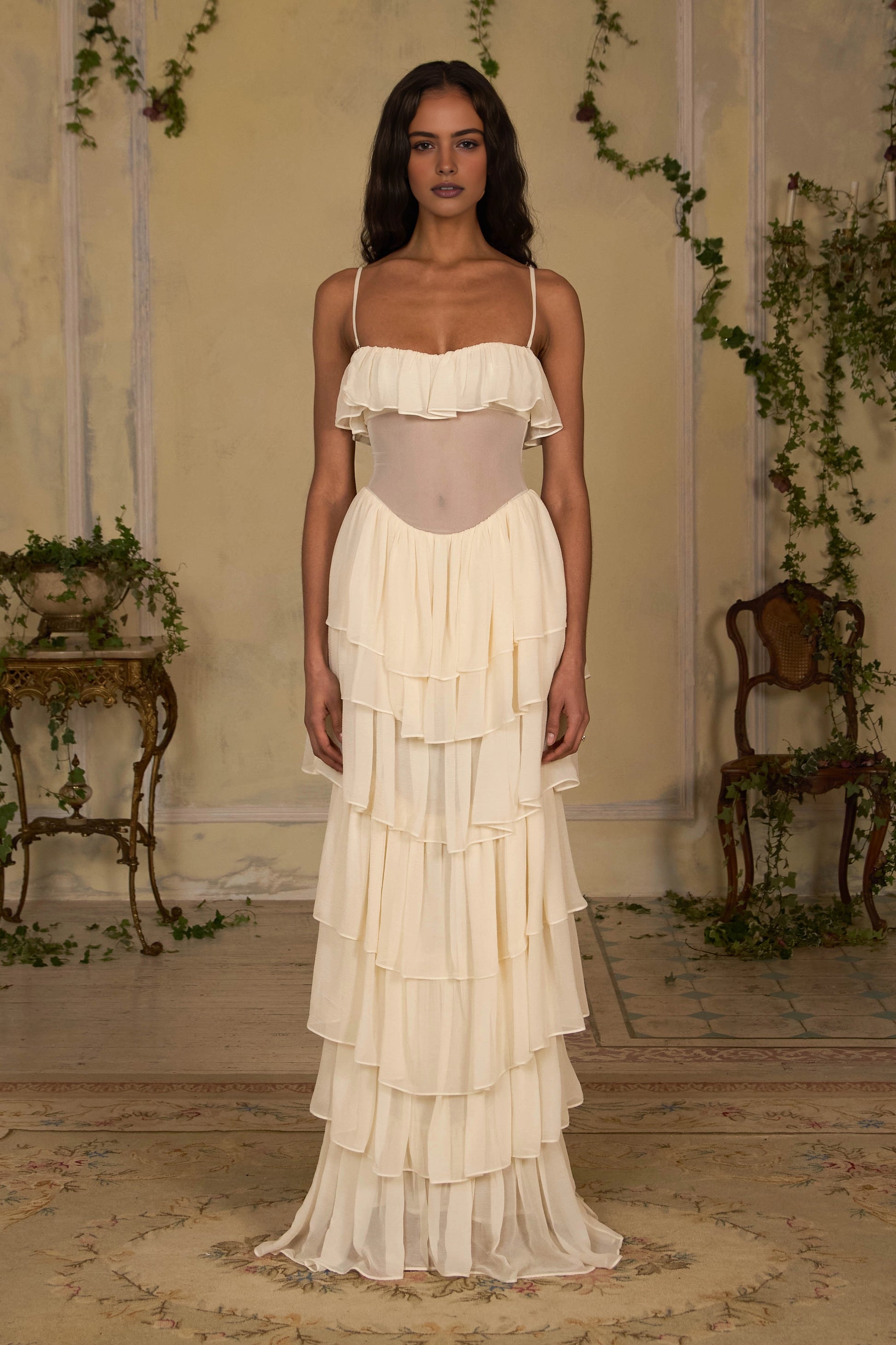 Cream Chiffon A‑Line Strapless Ruffled Lace‑Up Back Tiered Floor‑Length Prom Dress