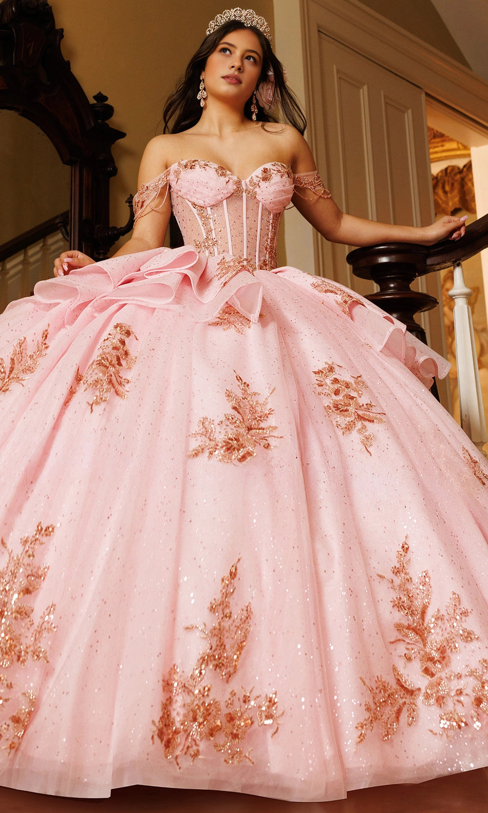 Ball Gown Off‑Shoulder Sweetheart Corset Back Layered Long Train Quinceanera Dress