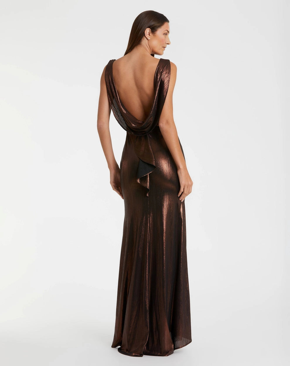 Vedress bronze metallic sheath mother of the bride dress sleeveless bateau neck cowl open back
