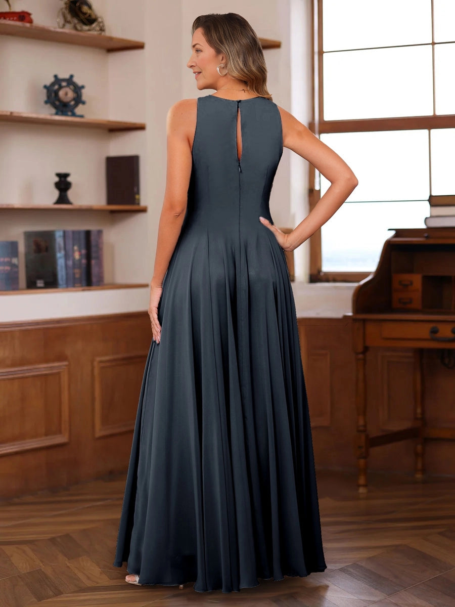 Back view of navy grey formal gown,keyhole cutout back with zipper,flowing floor‑length skirt vedress