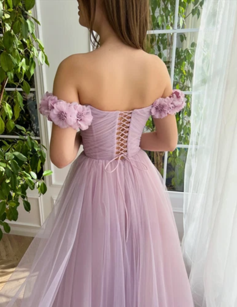 Vestidos de noche/fiesta de tul con flores, sin mangas, con escote Bardot, hasta el suelo, línea A/corte princesa