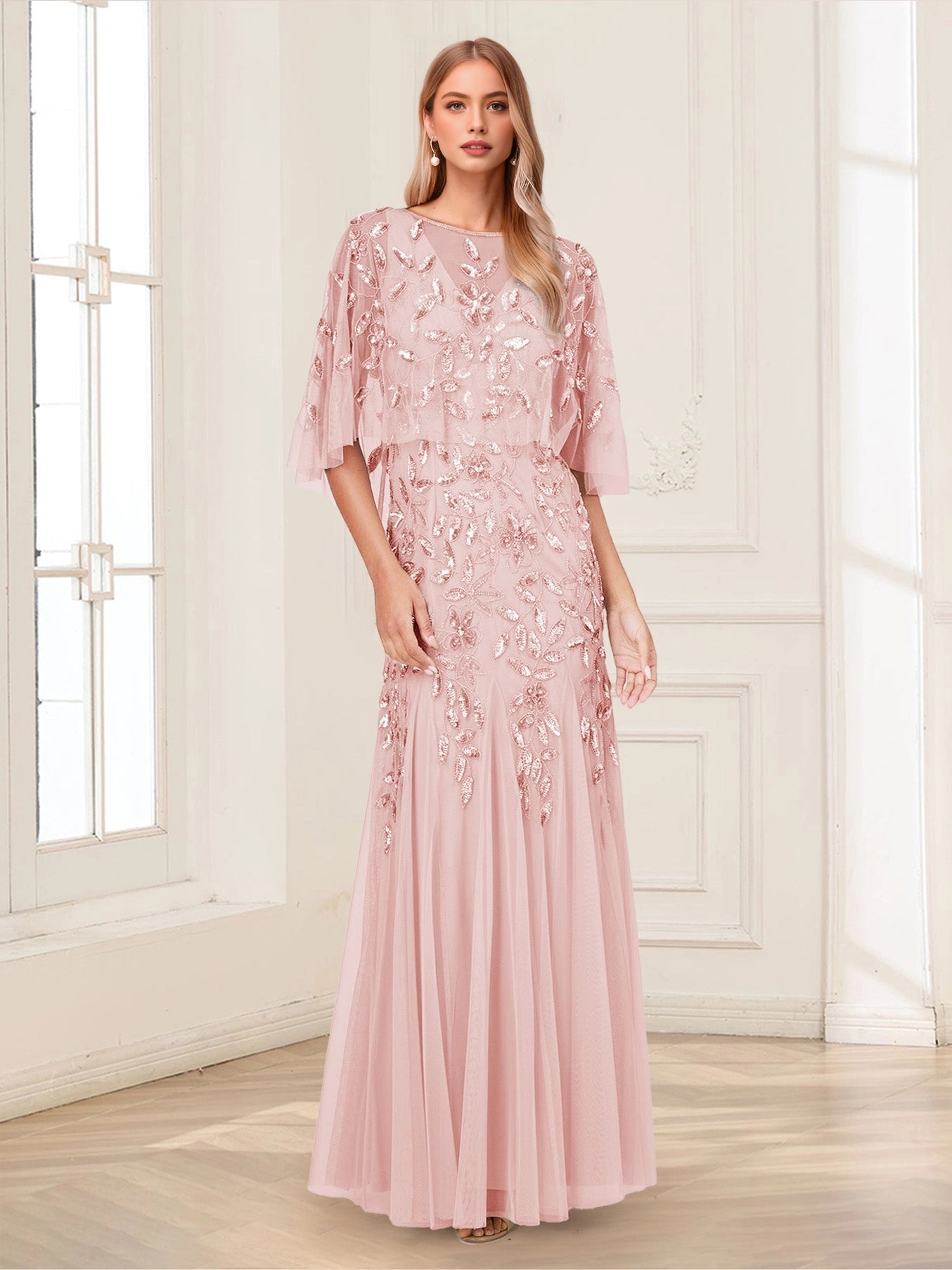 Glamorous Mermaid Round Cape‑Sleeve Zip‑Back Floor‑Length Plus Size Mother of the Bride Dress