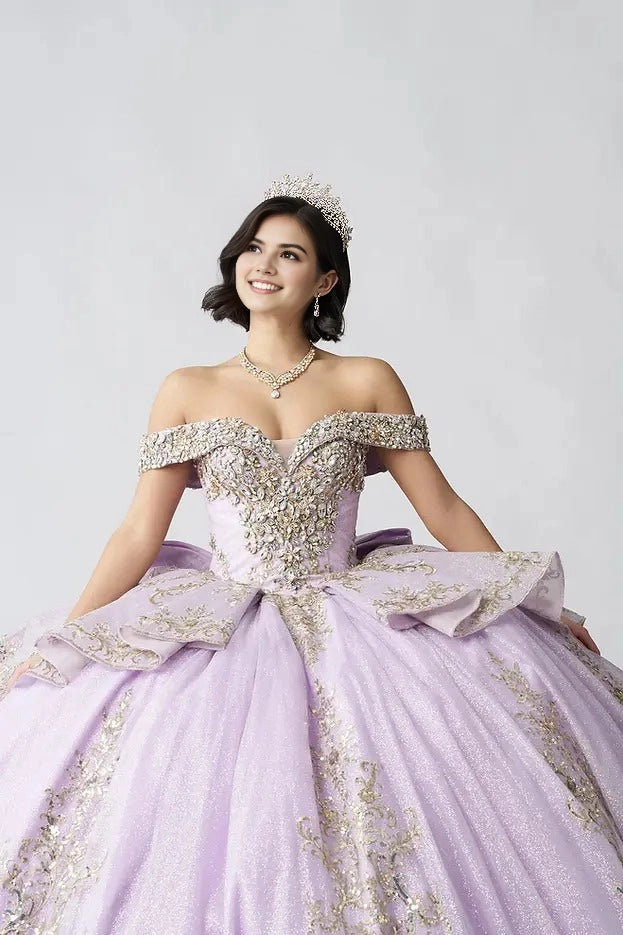 Sparkly Ball Gown Off Shoulder Short Sleeve Corset Back Train Quinceañera Dress