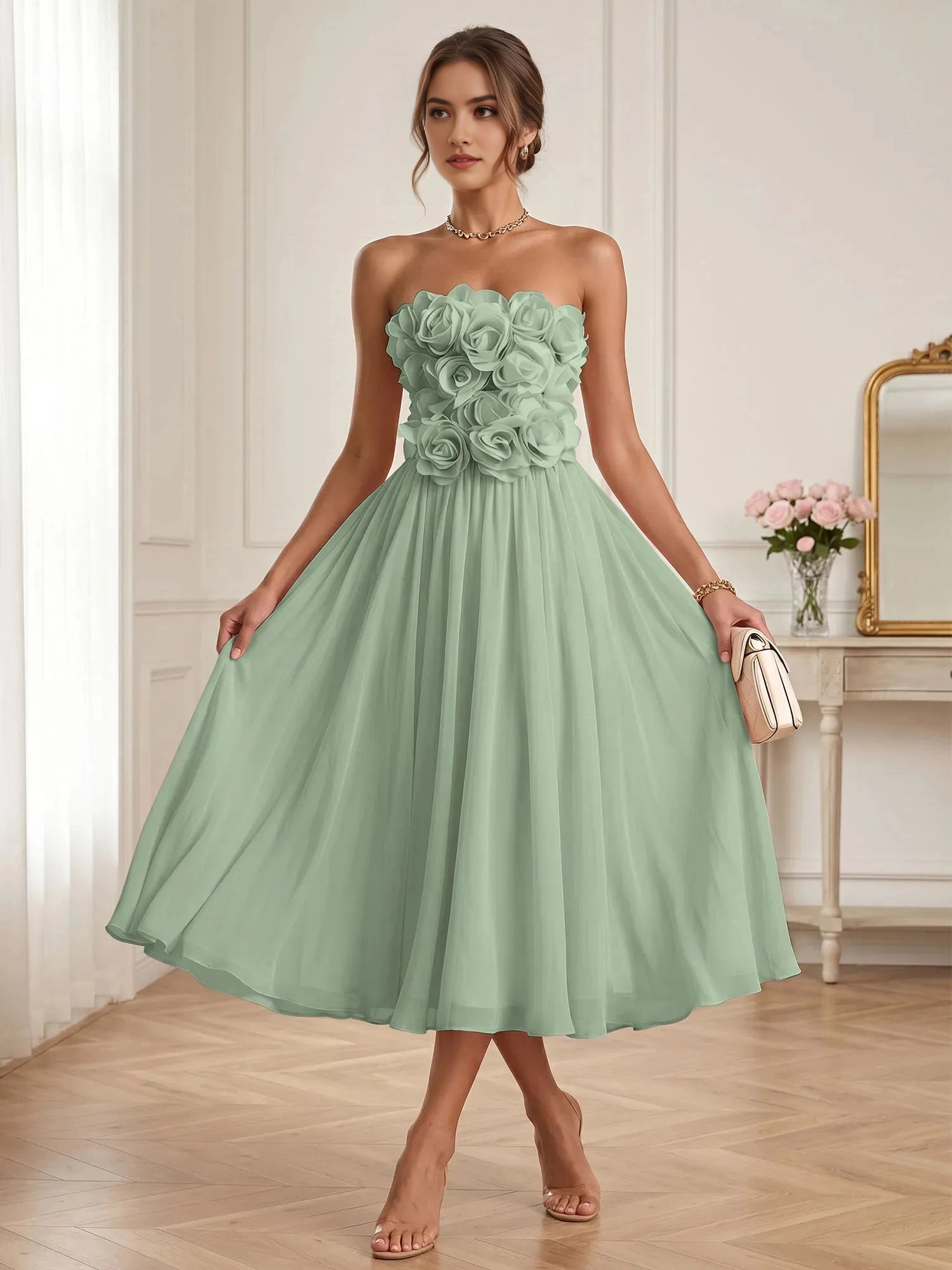 Romantic A‑Line Strapless Sleeveless Open‑Back Midi Bridesmaid Dress