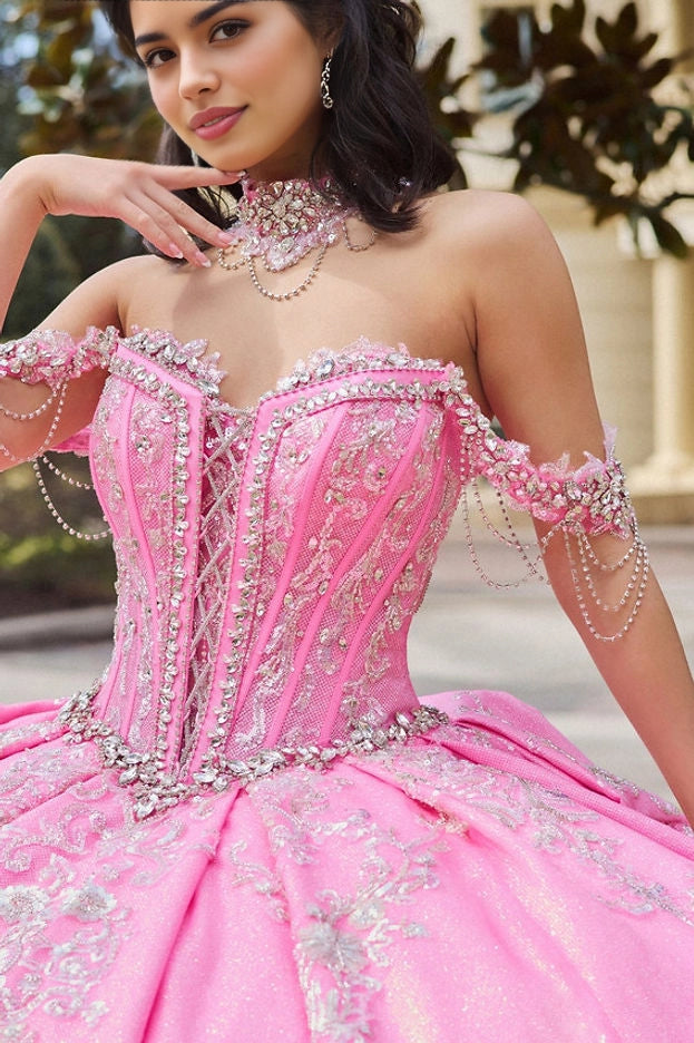 Ball Gown Off Shoulder Beaded Bow Train Cinderella Quinceañera Dress