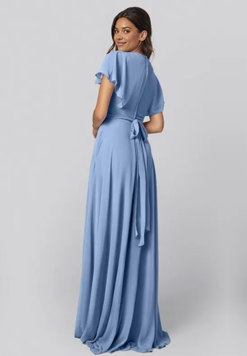 Elegant A-Line V-Neck Flutter Sleeve Zippered Back Bridesmaid Dresses Flared Sleeve Evening Gown