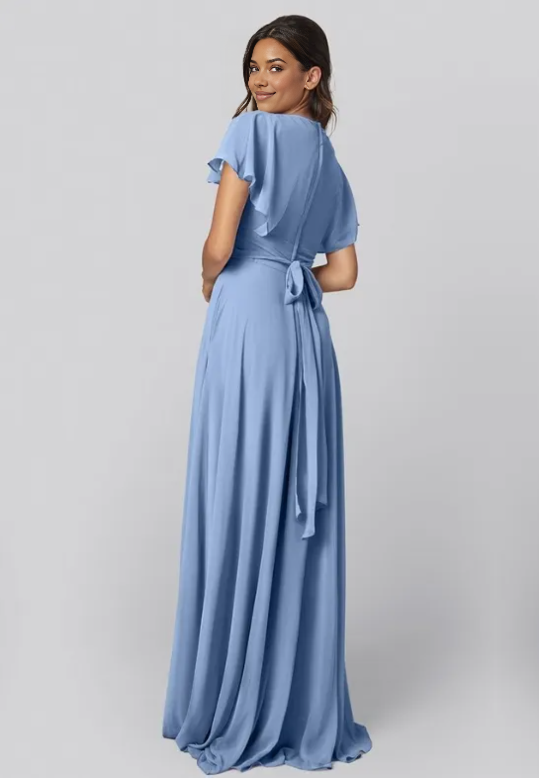 Elegant A-Line V-Neck Flutter Sleeve Zippered Back Bridesmaid Dresses Flared Sleeve Evening Gown