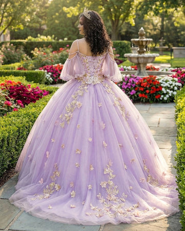 Vedress lilac quinceañera dress, corset lace up back cold-shoulder gown with 3D flower embroidery and soft tulle