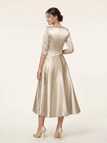 Zip‑back champagne satin midi long sleeve mother of the bride formal cocktail dress