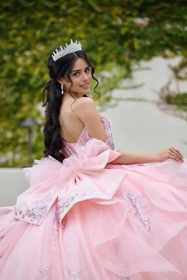 Ball Gown Off Shoulder Sequin Bow Long Train Quinceañera Dress