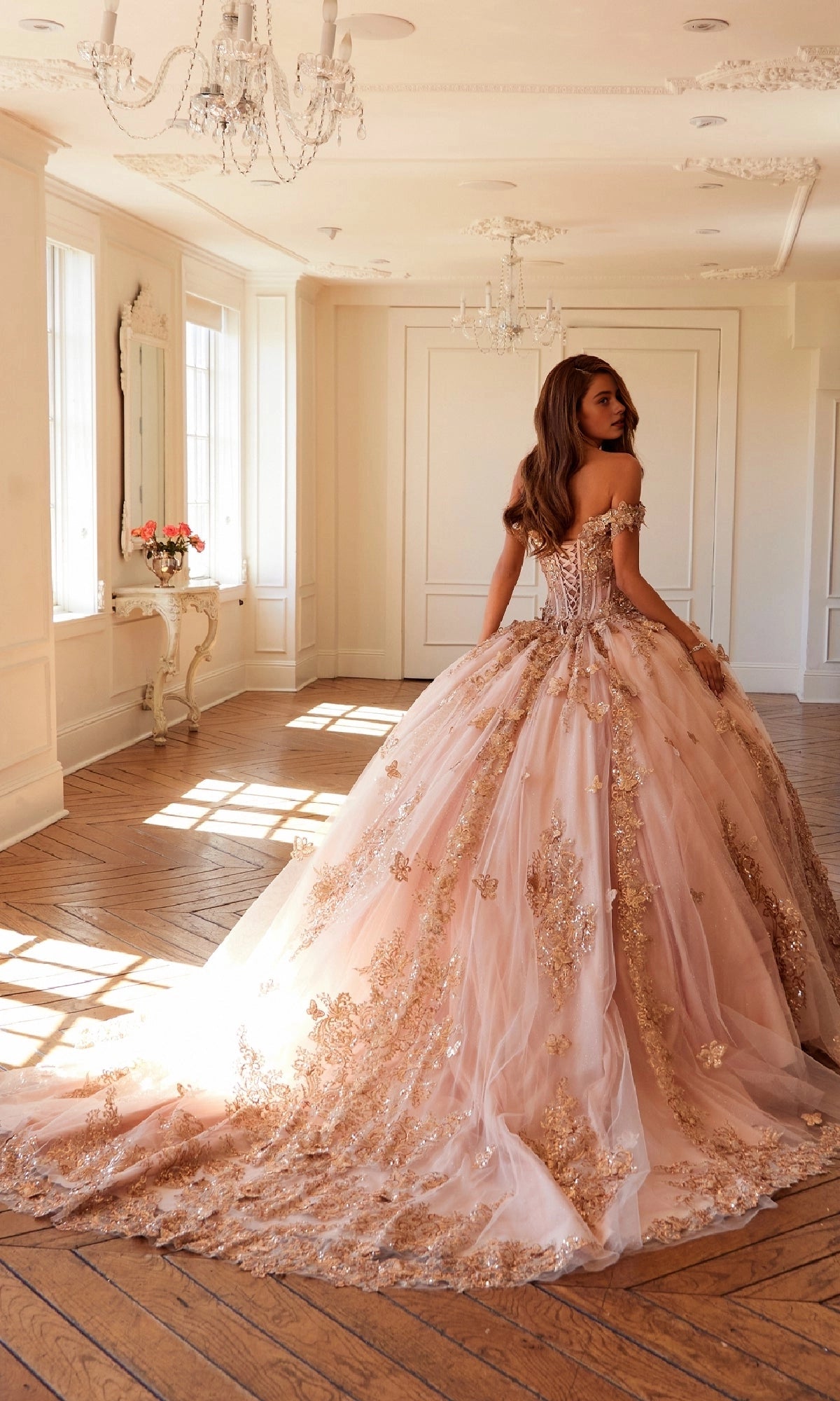 Vedress blush pink quinceanera dress lace‑up corset back gold lace court‑train butterfly ballgown back view