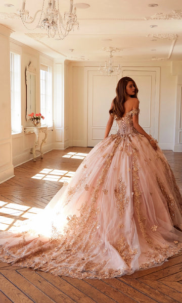 Vedress blush pink quinceanera dress lace‑up corset back gold lace court‑train butterfly ballgown back view