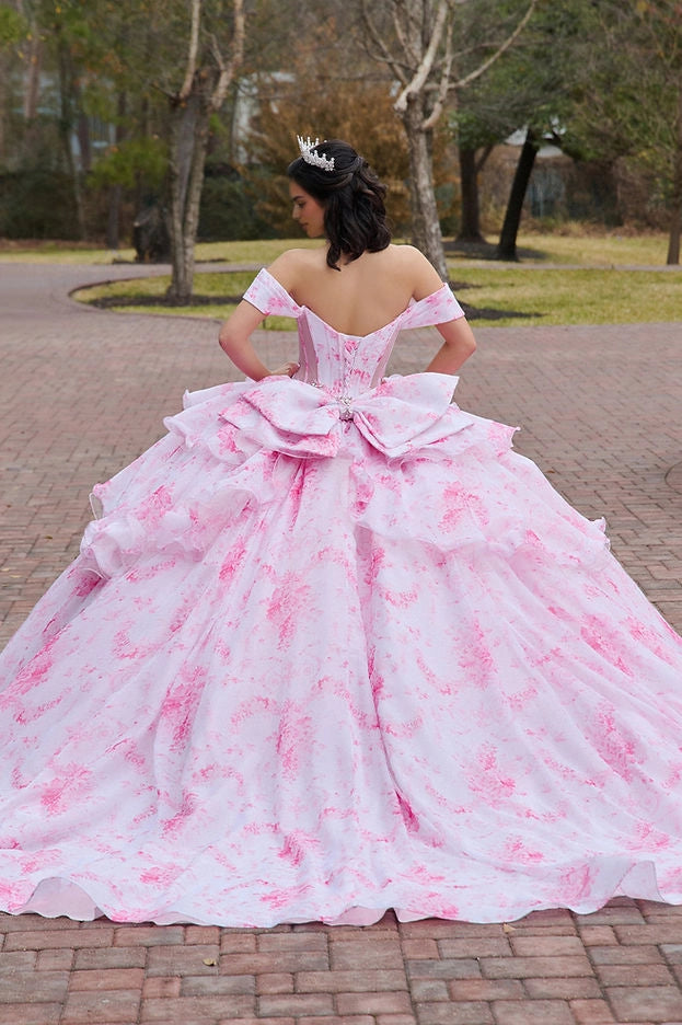 Vedress pink watercolor print quinceañera gown lace-up corset back oversized ruffle big bow long flowing train back view
