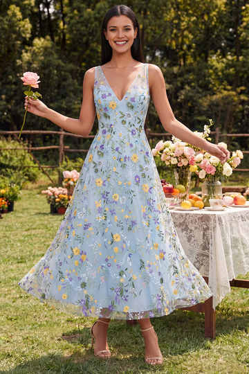 Deep V Neck Sleeveless 3D Wildflower Embroidery Mesh Tulle Midi A-Line Formal Party Dress