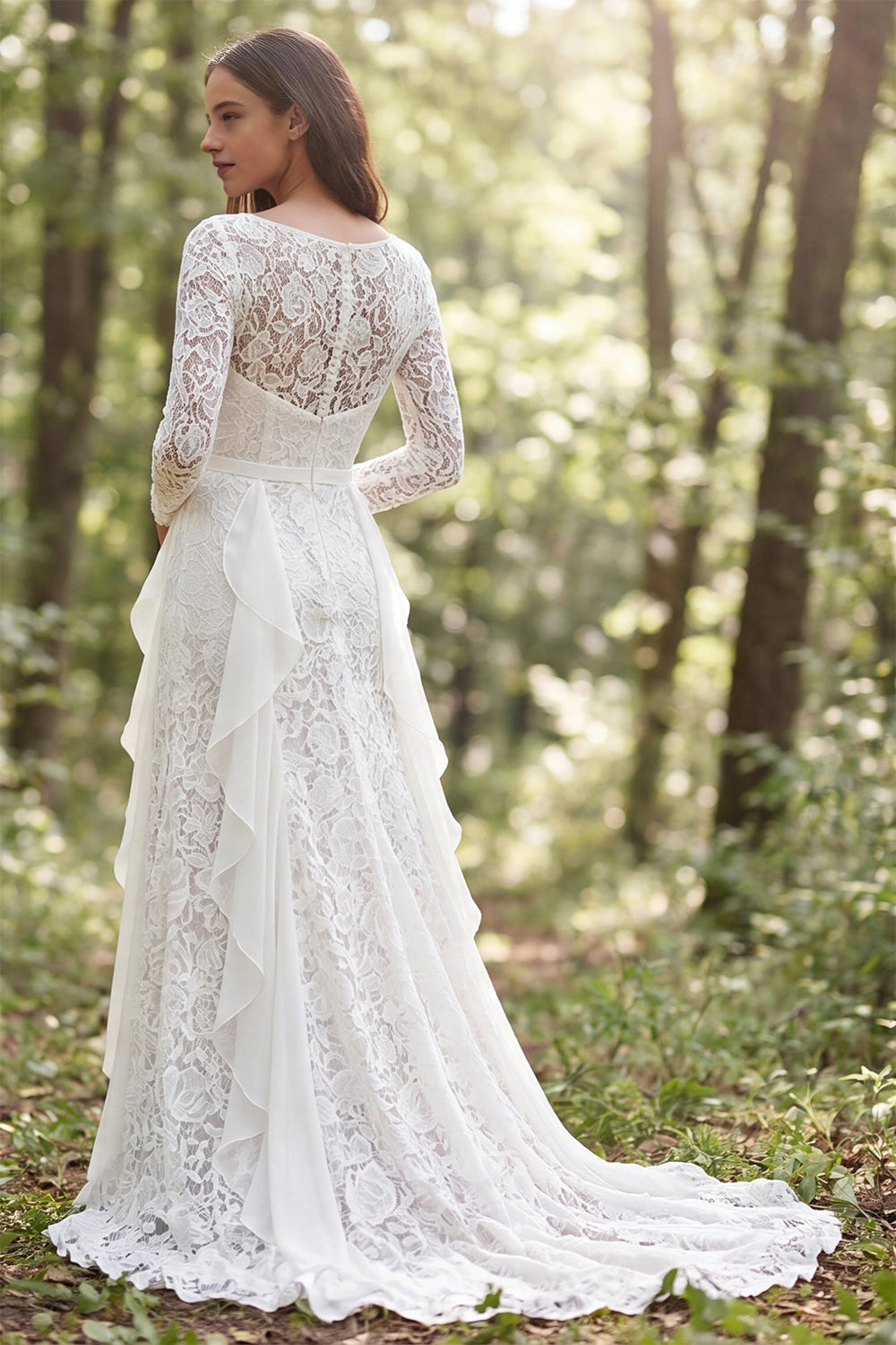 Vedress sheer keyhole back lace wedding dress cascading ruffle sweep train forest outdoor view