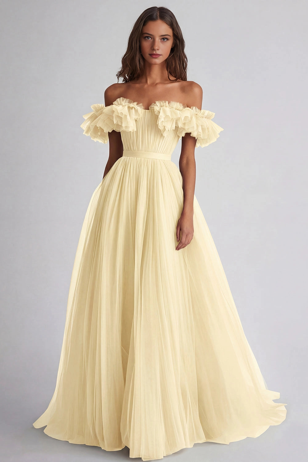 Tulle A-line Off-shoulder Ruffle Zip Back Maxi Wedding Guest Dress