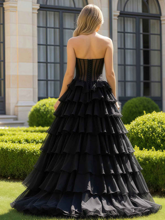 Strapless Beaded Corset Tiered Tulle Ball Gown with High Slit - Black Formal Prom & Gala Dress