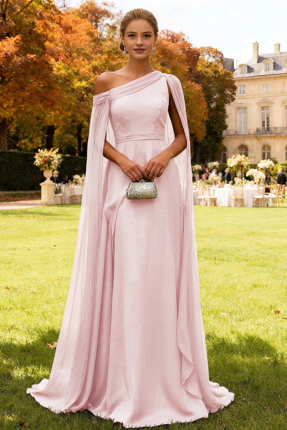 Elegant A Line One Shoulder Cape Sleeve Open Back Train Maxi Wedding Guest Dress