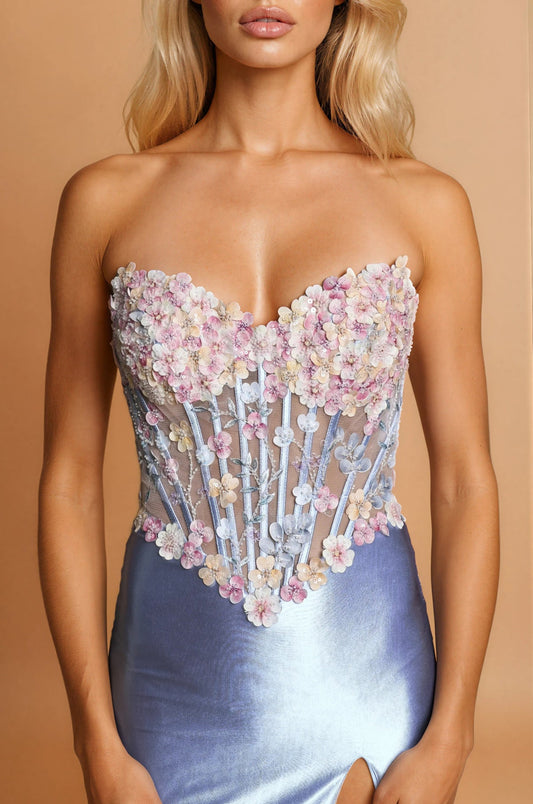 Elegant Floral Applique Sweetheart Strapless Open Back Satin Maxi Formal Evening Gown