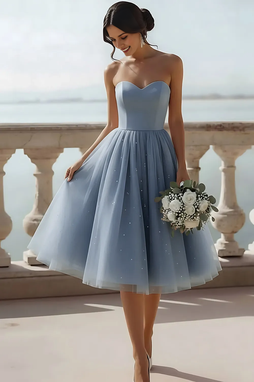 Strapless Sweetheart Corset Tulle Midi Dress with Sparkle Details