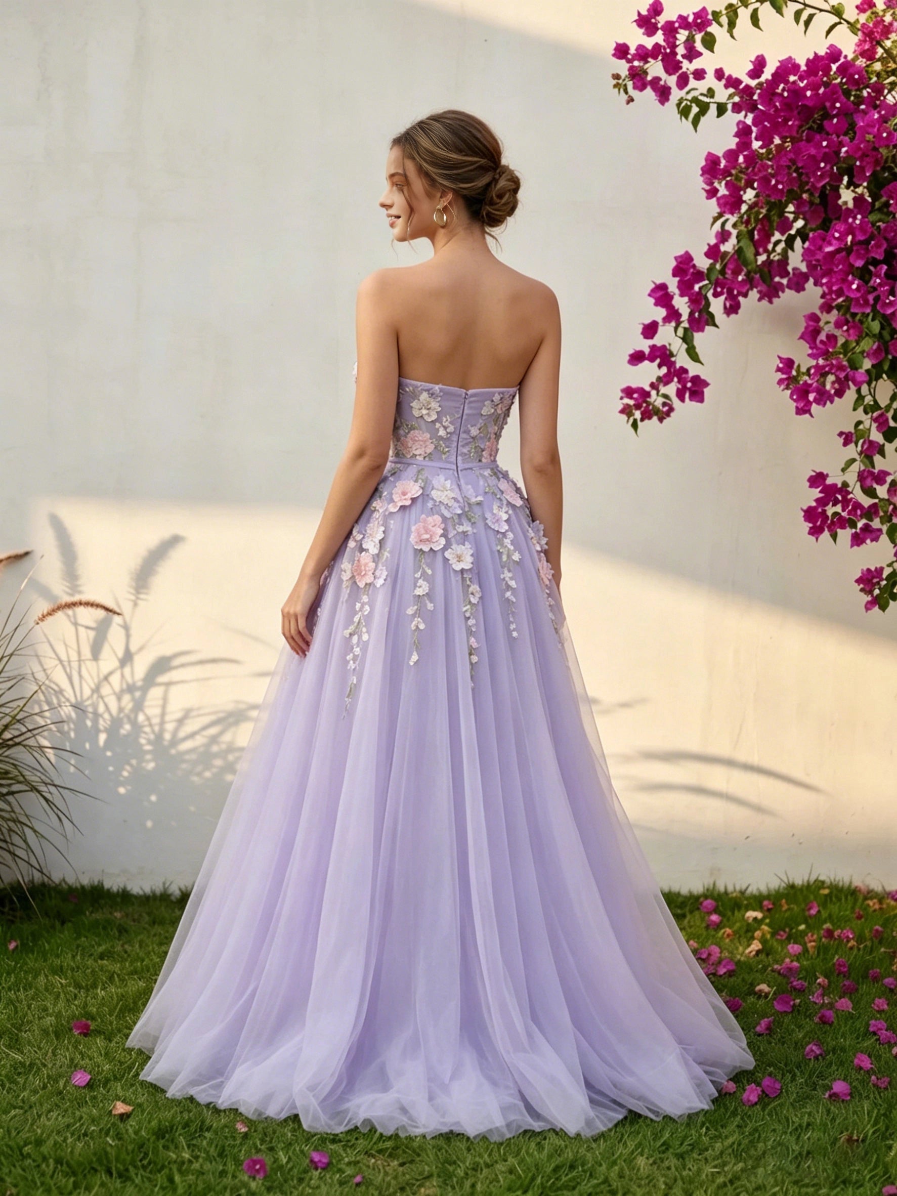 Back view Vedress zip‑back handmade flower applique strapless lavender bridal gown