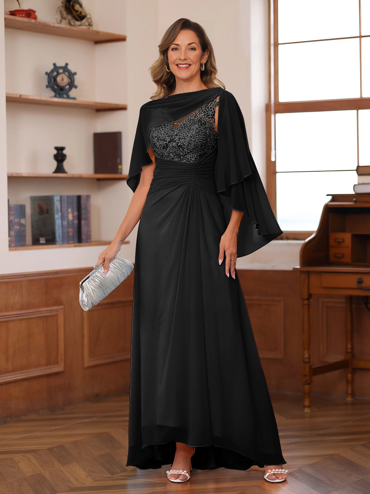 Elegant A Line Bateau Neck Cape Sleeve Sheer Back Floor Length Mother Of The Bride Dress