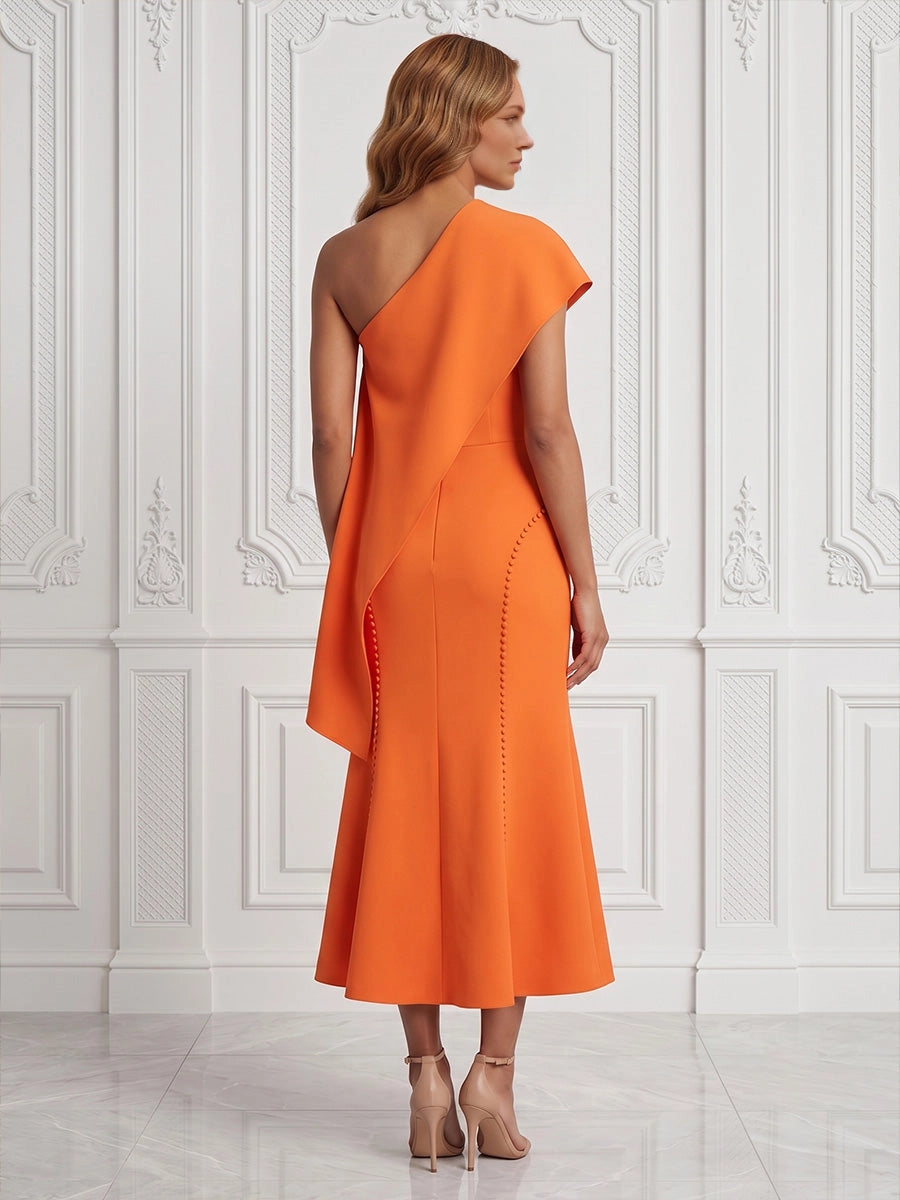 Back view vedress open back one shoulder draped mermaid plus size wedding guest midi gown