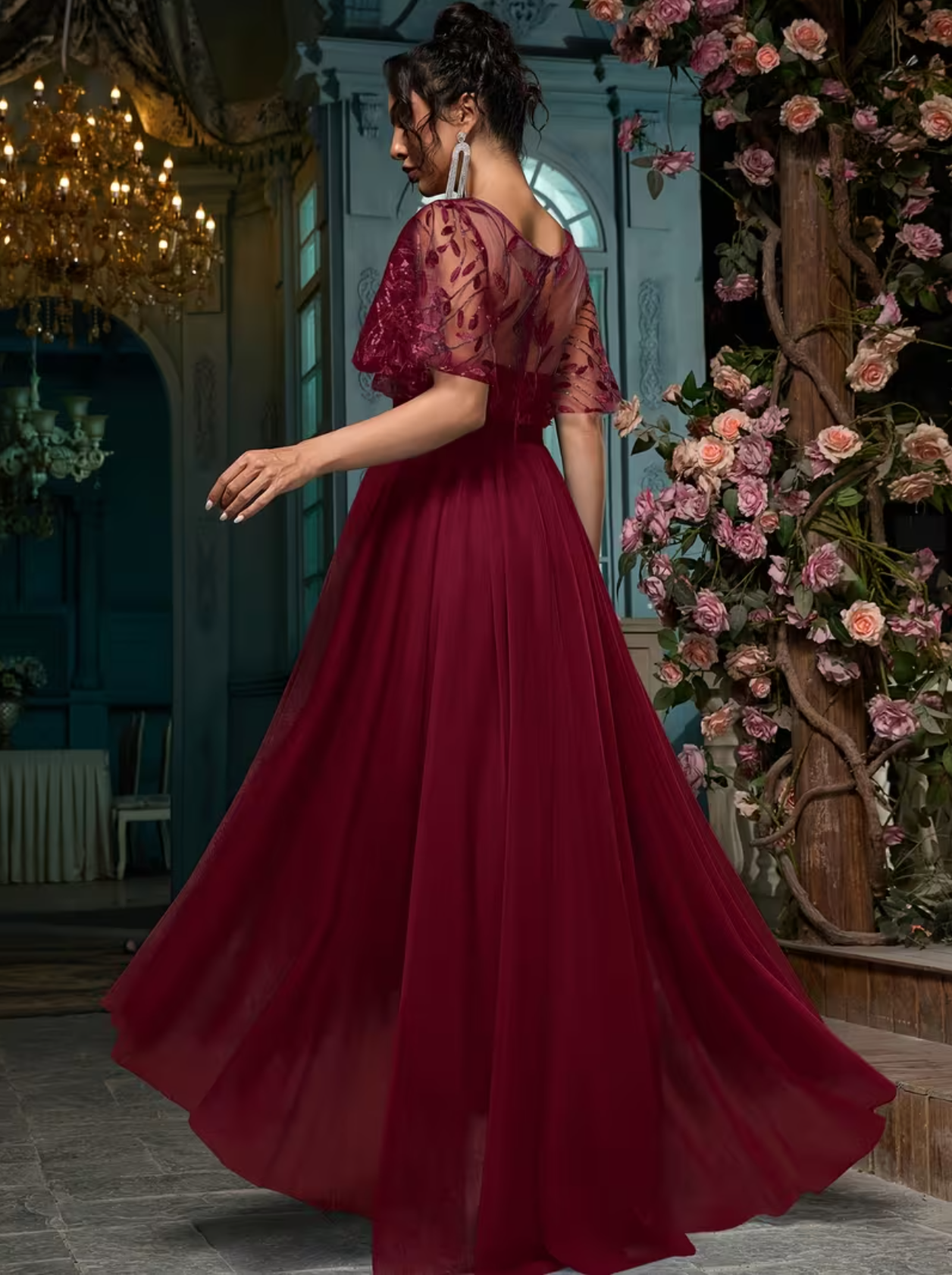 A-Line Bridesmaid Dress Mesh Party Maxi for Wedding Guest Round Neck Ruffle Sleeve Sequins Embroidery Prom Dresses