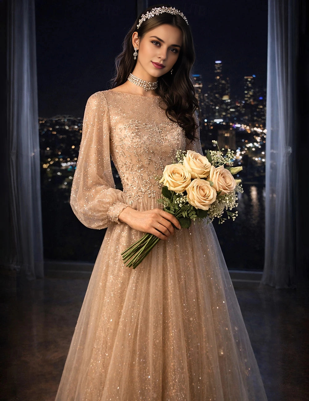 Sparkly A Line Long Sleeve Lace Up Back Floor Prom Dress