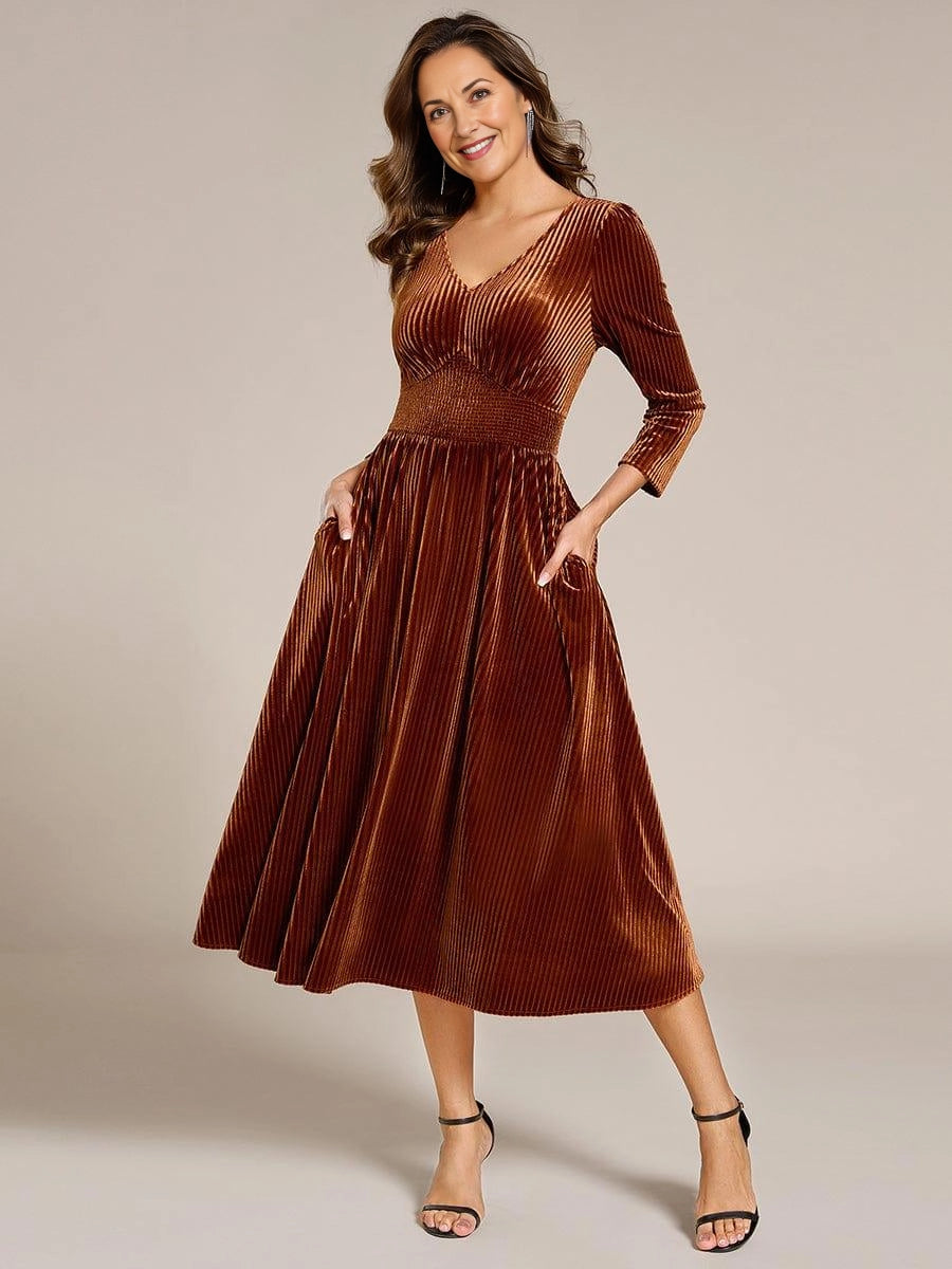 Black A‑Line V‑Neck 3/4‑Sleeve Solid‑Back Midi Mother Of The Bride Dress