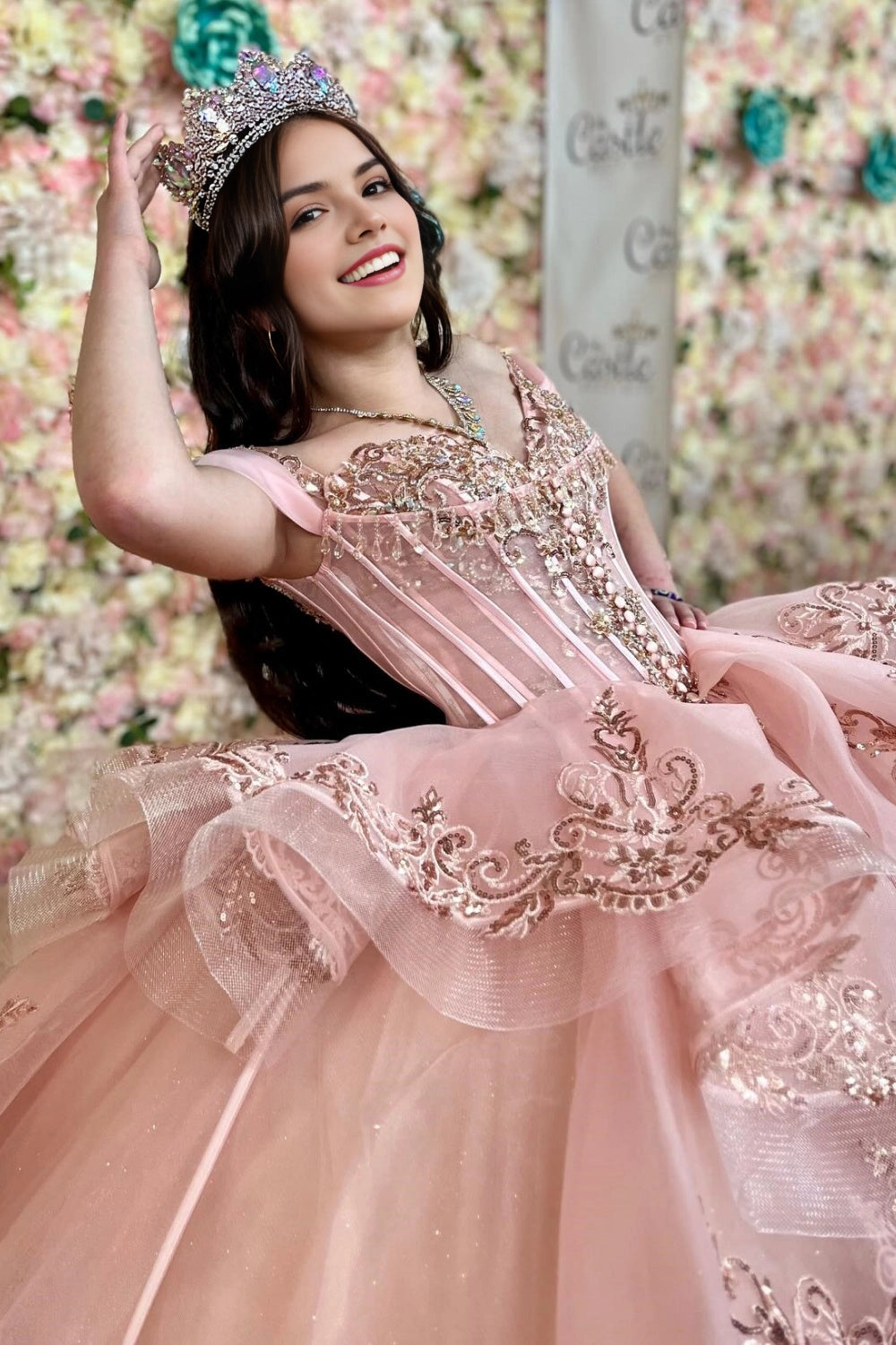 Luxury Blush Pink Ball Gown Sweetheart Off Shoulder Lace‑Up Back Court Train Quinceanera Dress