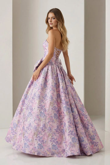 Back view Vedress corset lace‑up back printed floral formal evening gown