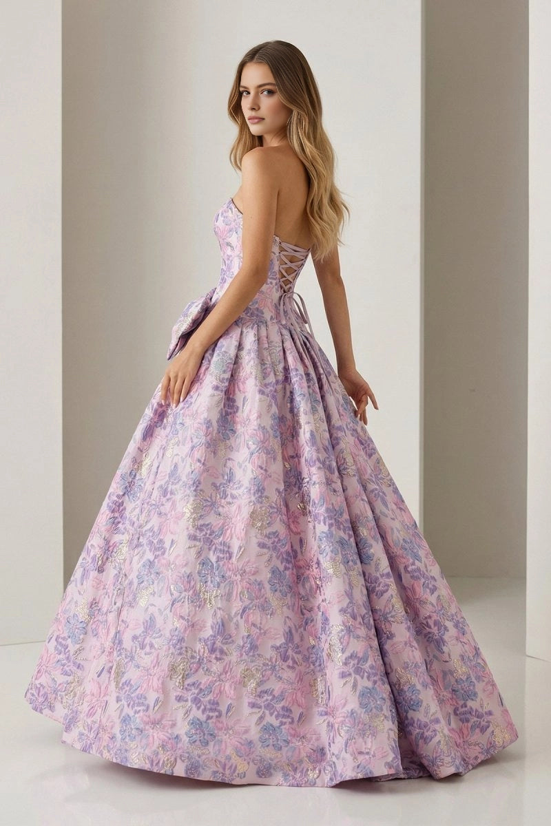 Back view Vedress corset lace‑up back printed floral formal evening gown