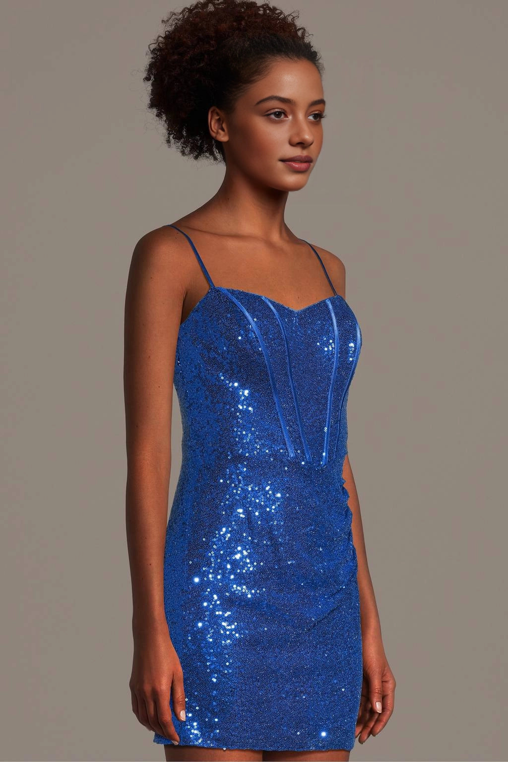 Blue Sequin Corset Spaghetti Strap Zip Back Mini Homecoming Dress