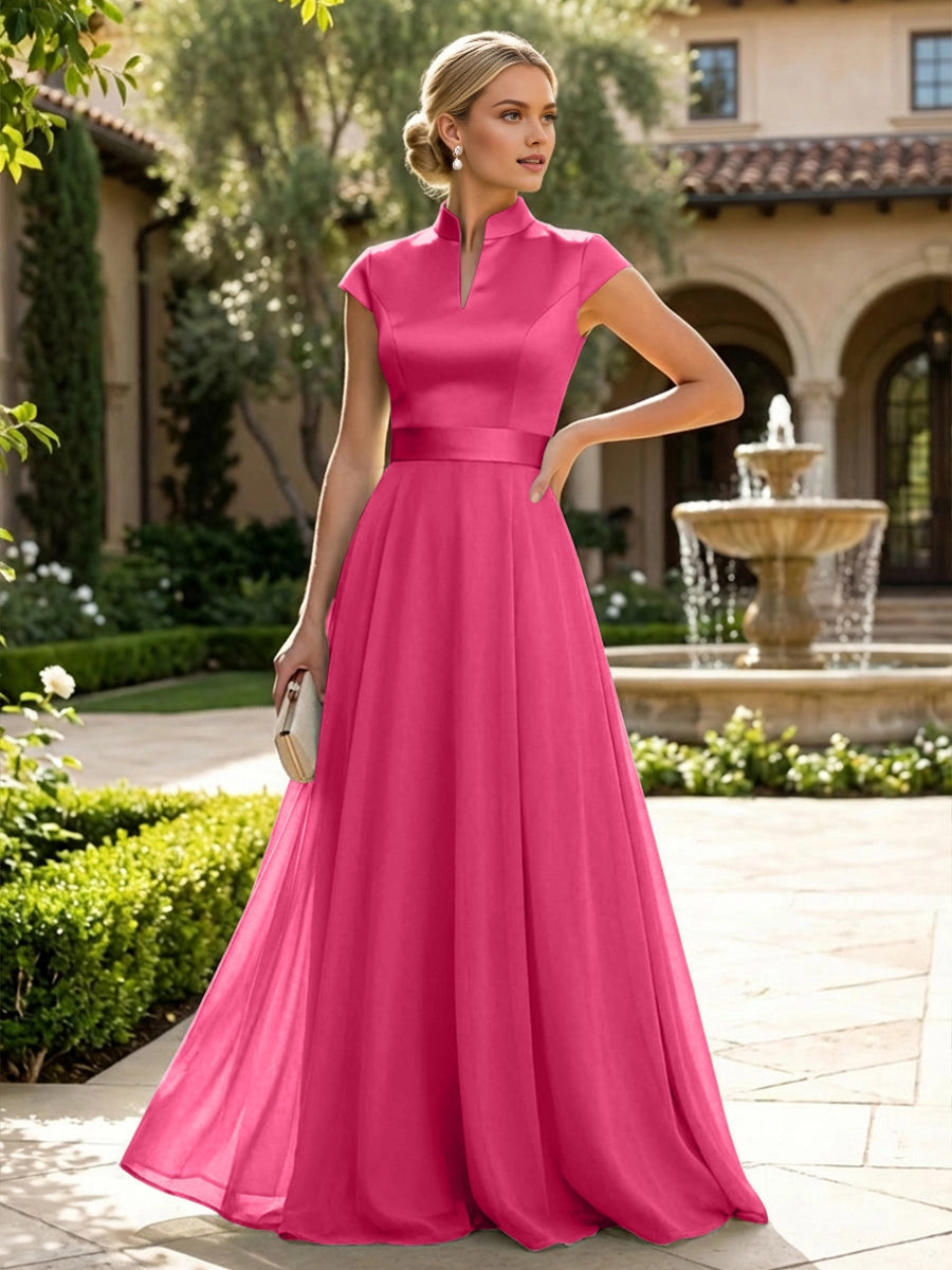 Elegant Sage A‑Line Stand‑Collar Cap‑Sleeve Zip‑Back Floor‑Length Mother Of The Bride Dress