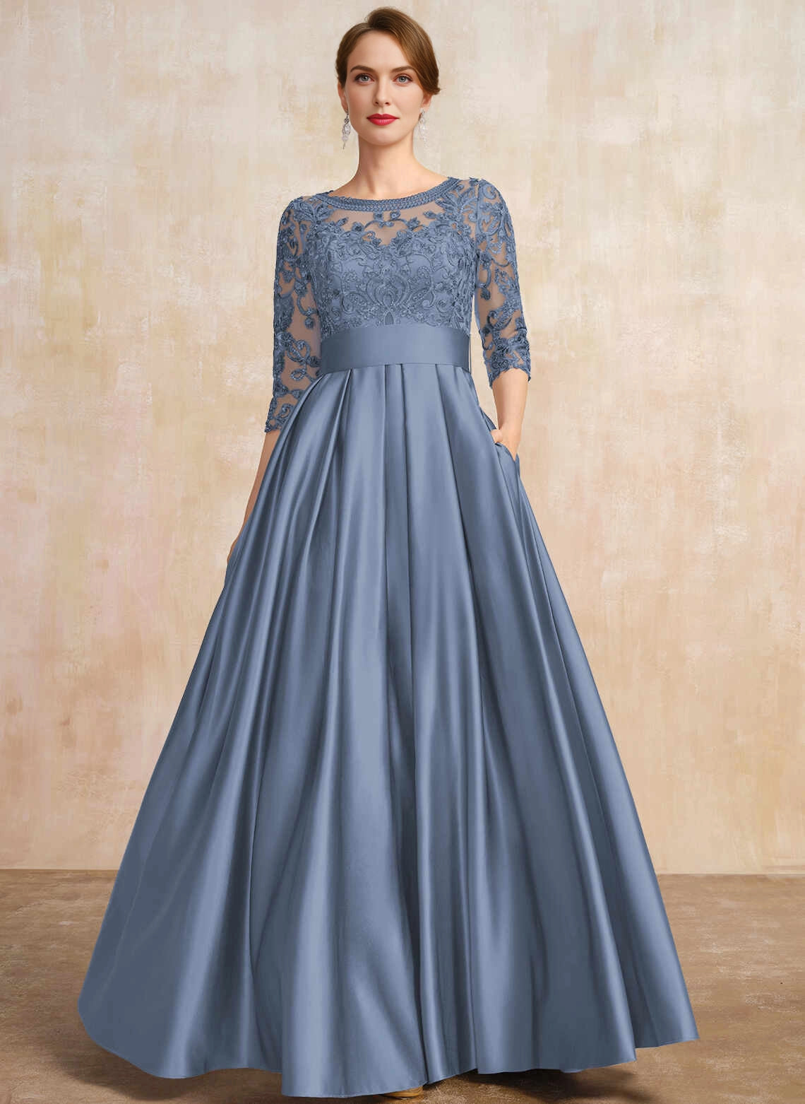 Elegant A‑Line Scoop Neck 3/4 Sleeve Bow Back Floor‑Length Mother Of The Bride Dress