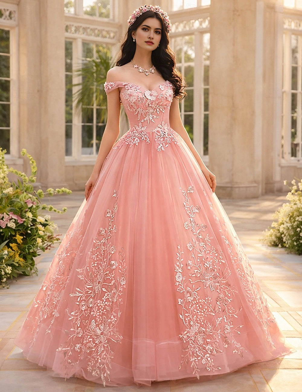 Romantic Ballgown Off Shoulder Lace Up Back Long Prom Dress