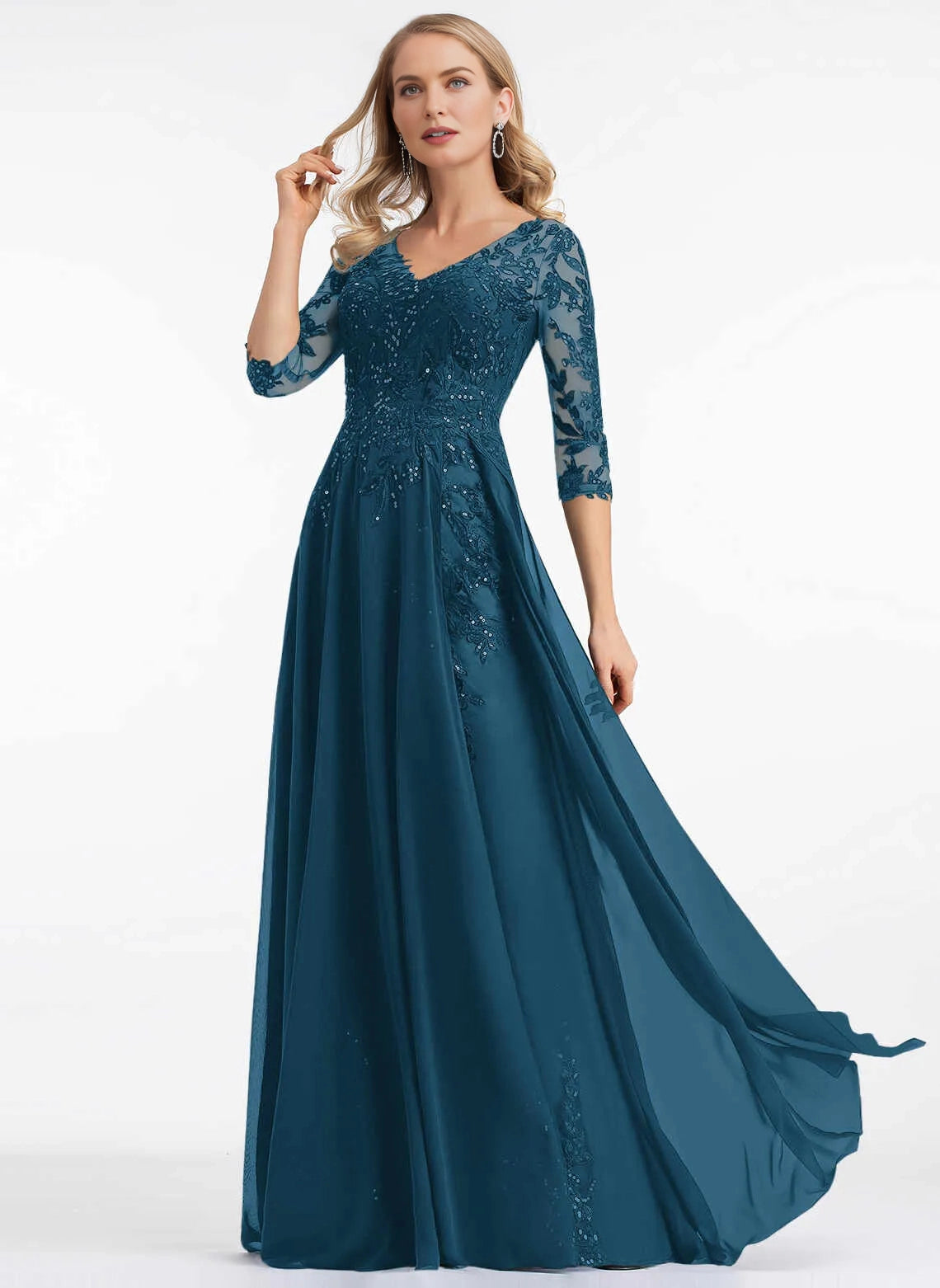Elegant A‑Line V‑Neck 3/4 Sleeve Illusion Back Long Mother Of The Bride Dress