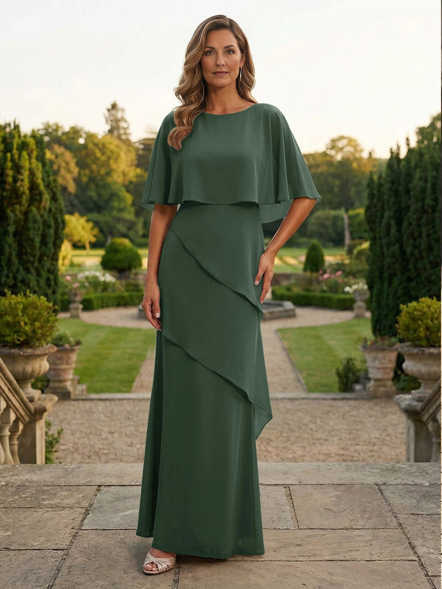 Graceful Taupe Sheath Boat‑Neck Cape‑Sleeve Zip‑Back Floor‑Length Mother‑of‑the‑Bride Dress
