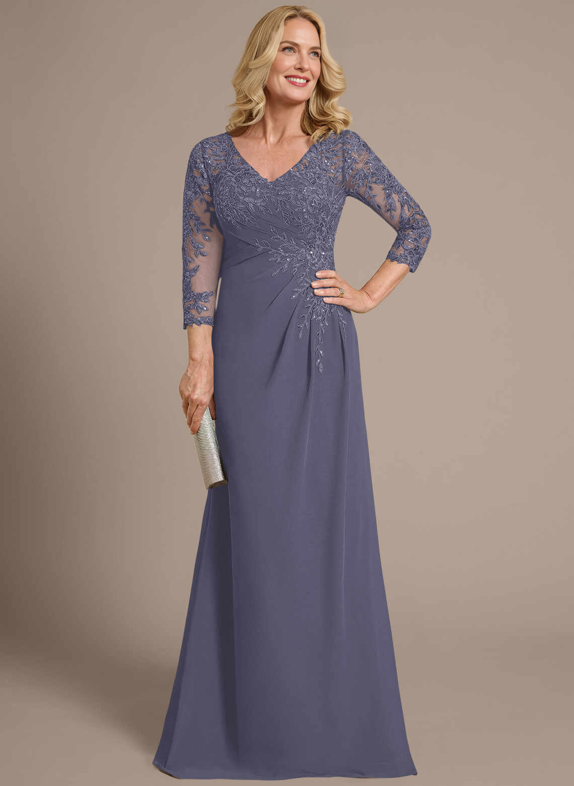 Elegant A‑Line V‑Neck Lace 3/4 Sleeve Zipper Back Floor‑Length Mother Of The Bride Dress