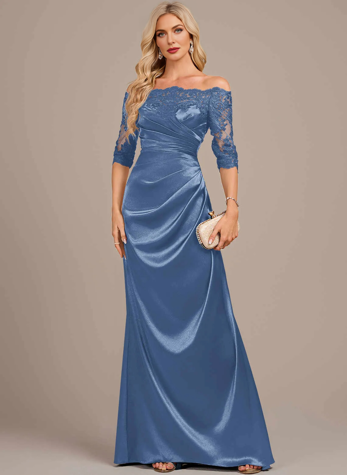 Glam Mermaid Off‑The‑Shoulder Lace 3/4 Sleeve Zipper Back Floor‑Length Mother Of The Bride Dress