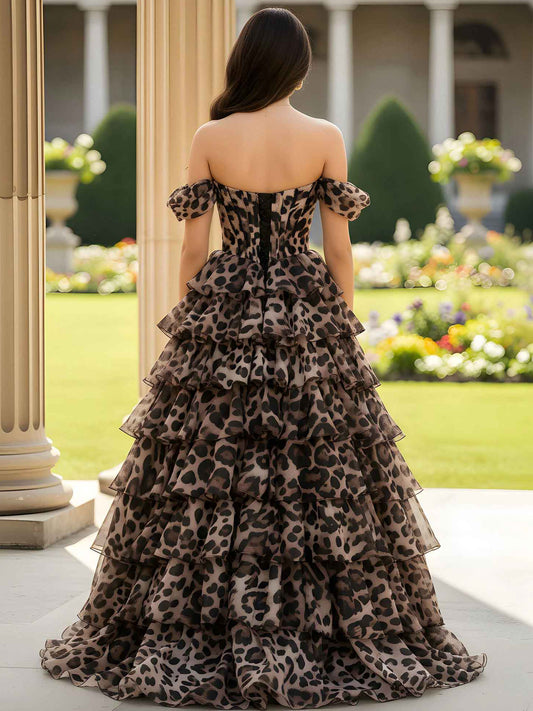 Off-the-Shoulder Leopard Print Tiered Tulle Ball Gown with High Slit - Beaded Corset Formal Prom & Gala Dress
