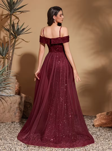 Vestido largo de sirena con lentejuelas, hombros descubiertos, espalda descubierta, cintura, fiesta de graduación, banquete, vestido de noche con corpiño brillante y falda de tul