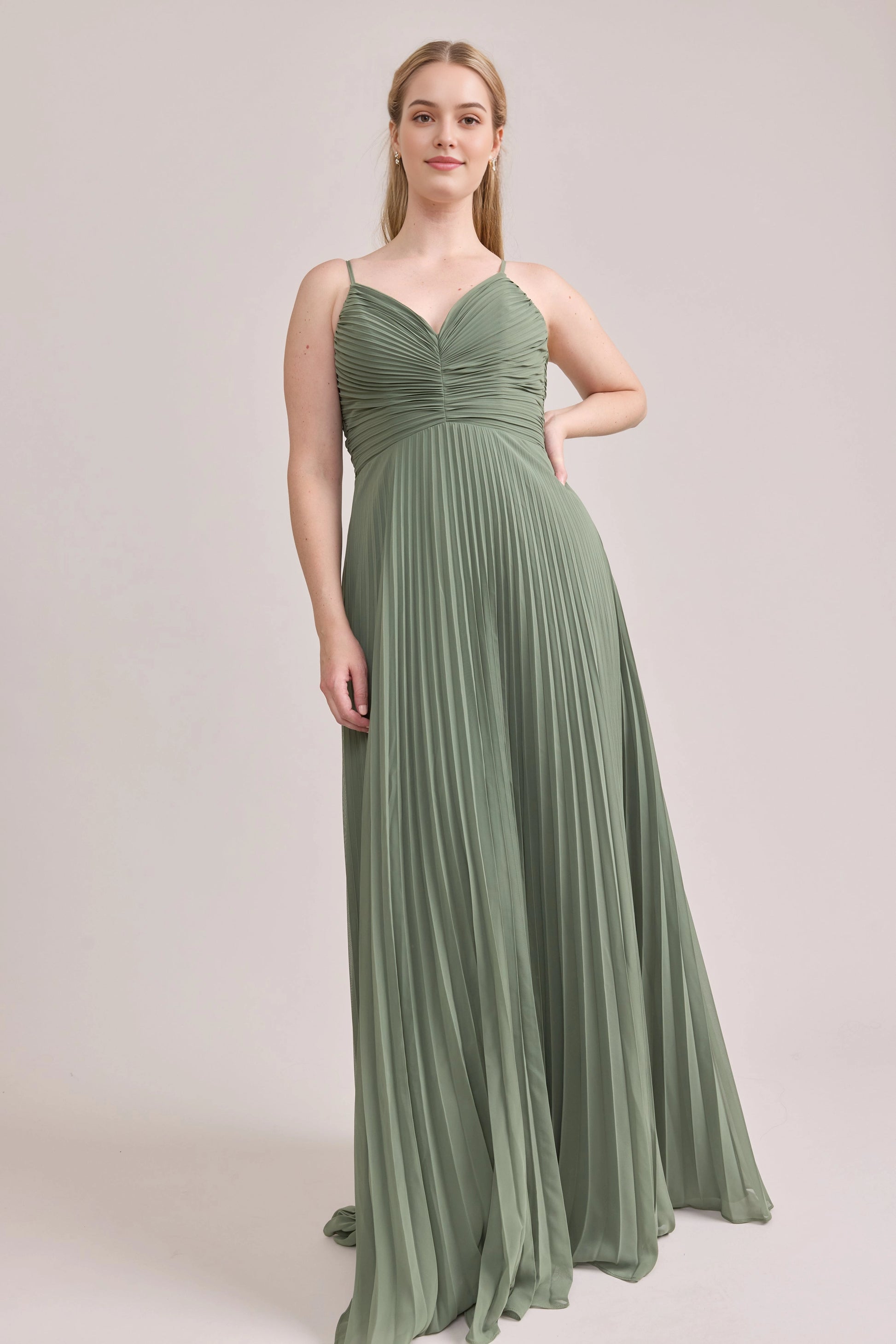 Soft A-Line V-Neck Thin Strap Lace Up Back Pleated Maxi Bridesmaid Dress