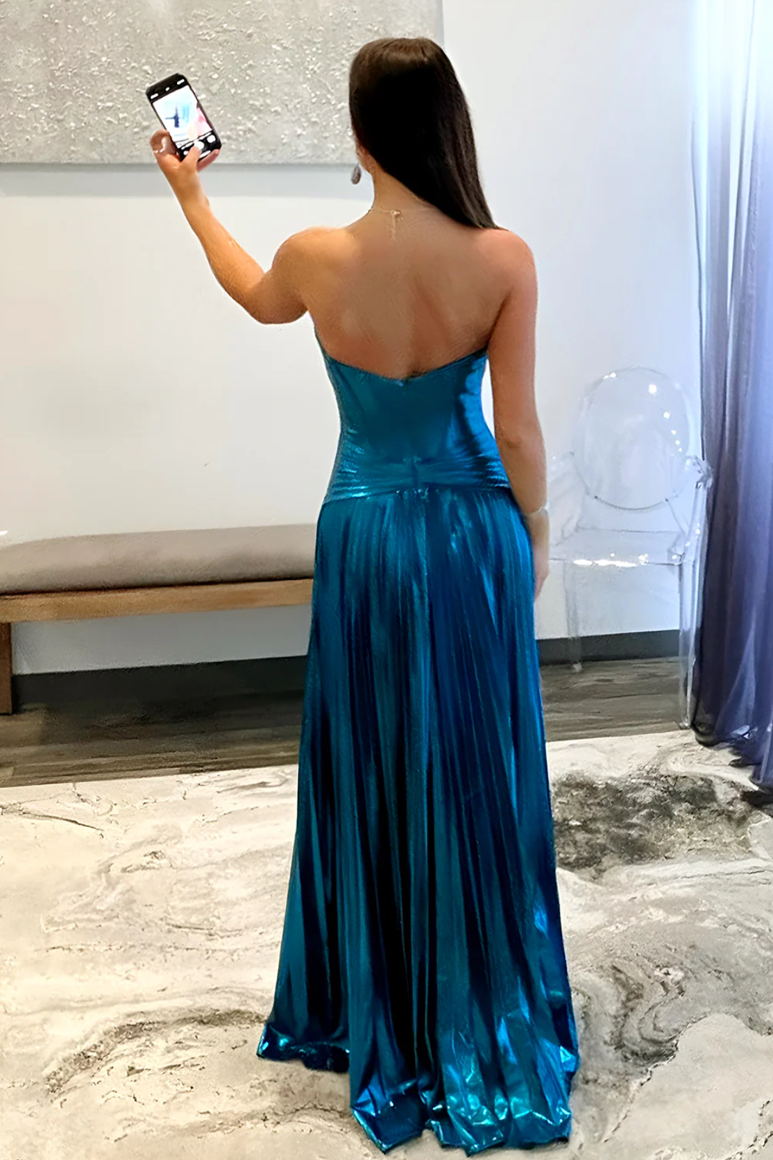 Elegant Strapless Metallic A-Line Strapless Evening Gown Prom Dresses with Corset Detail and High Slit