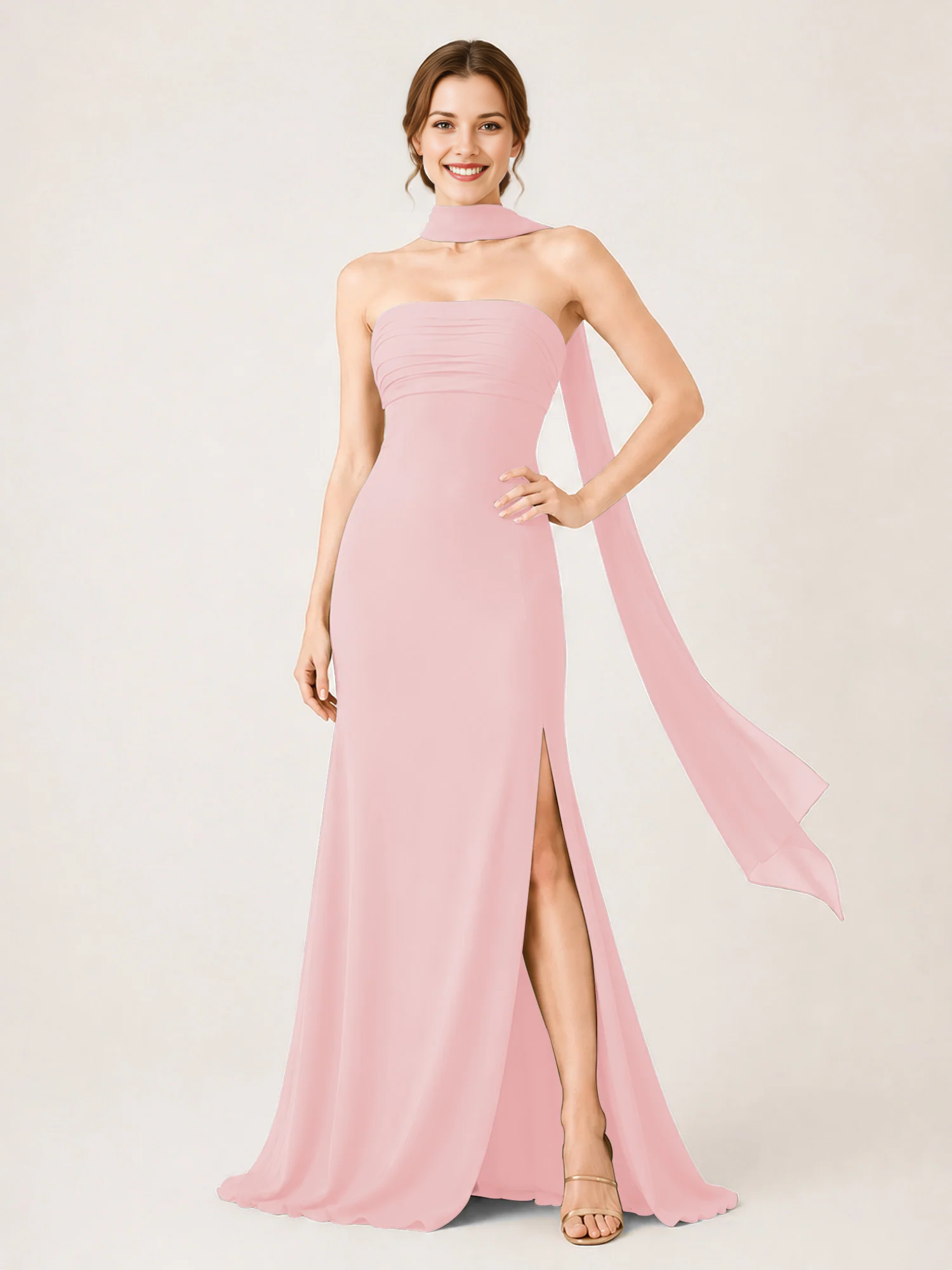 Strapless Ruched Chiffon Mermaid Bridesmaid Dress with Choker Scarf & High Slit